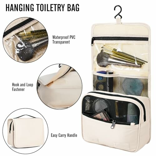 Hanging toiletry bag with transparent compartments and carry handle