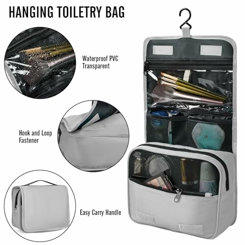 Hanging toiletry bag with compartments and hook.