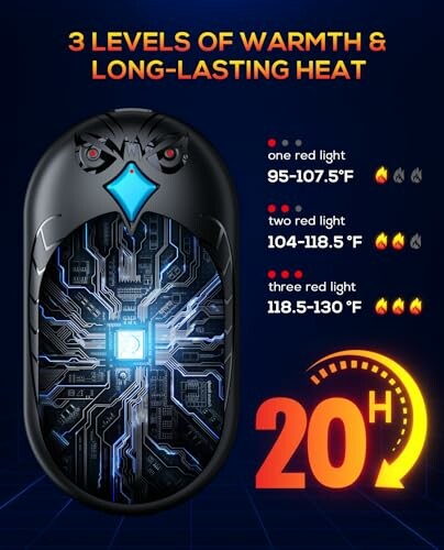 Heated mouse with three warmth levels and long-lasting heat feature.