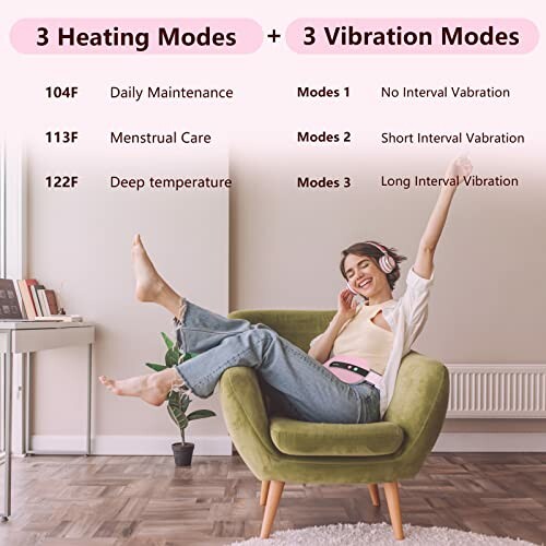 Woman relaxing on a chair with heating and vibration modes chart in the background.