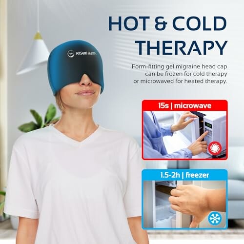 Woman wearing a gel migraine head cap for hot or cold therapy.