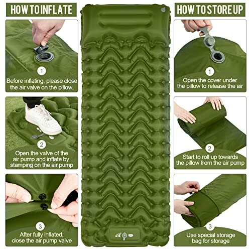 Instructions for inflating and storing a green camping mat.