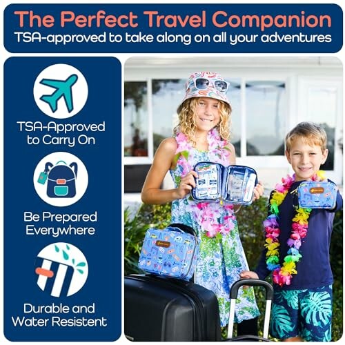 Kids displaying a travel accessory set, perfect for TSA-approved carry on.