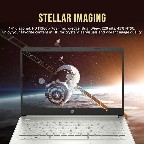 Laptop screen displaying a satellite in space with text about HD imaging.