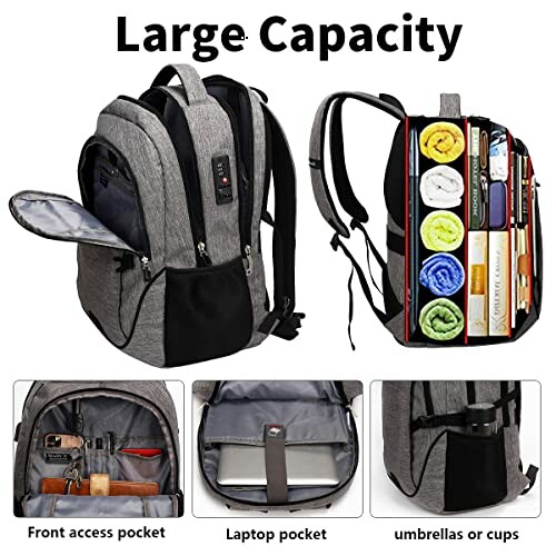 Large capacity backpack with multiple pockets and USB charging port.