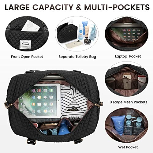 Multi-pocket travel bag with compartments for toiletries, laptop, and more.