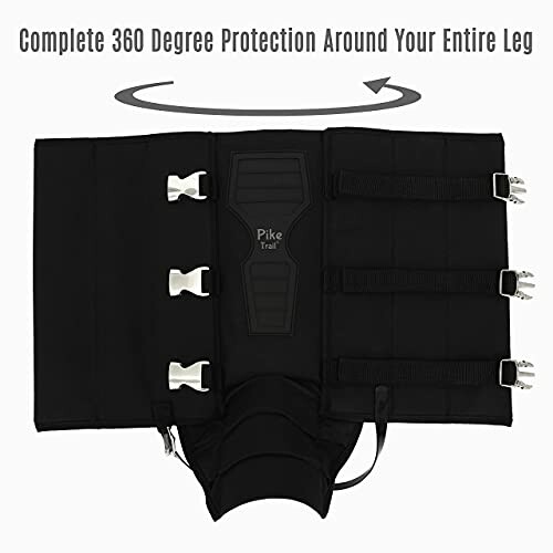 Black leg gaiter for 360-degree protection with adjustable straps and buckles.