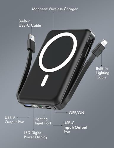 Magnetic wireless charger with built-in USB-C and Lightning cables, USB-A and USB-C ports, LED display.