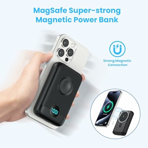 MagSafe super-strong magnetic power bank attached to a smartphone.