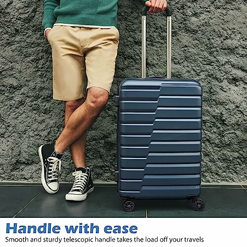 Person standing with blue suitcase on wheels and telescopic handle.