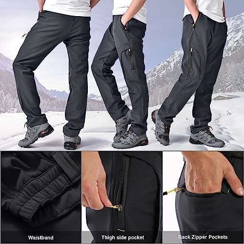 Men wearing black hiking pants with multiple pockets in a snowy landscape.