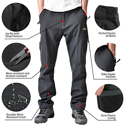 Men's hiking pants with features like zip-fly, wear-resistant, side zipper pockets, and fleece lining.