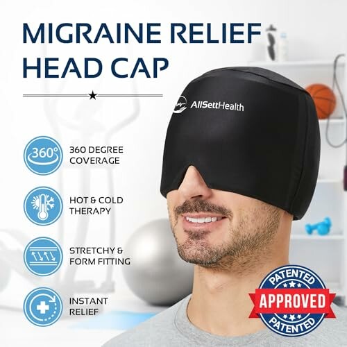 Man wearing a migraine relief head cap with features listed.