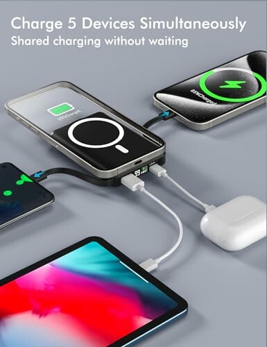 Charging station with multiple devices connected.