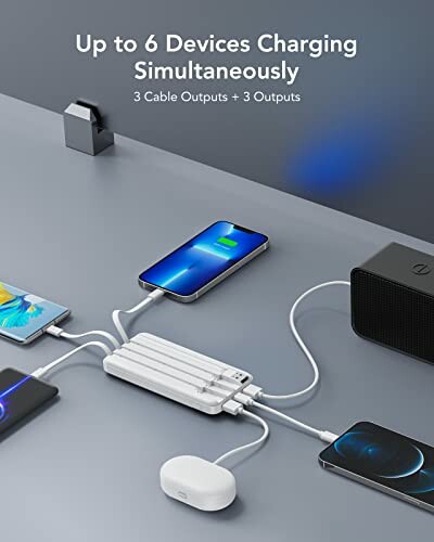 Charging station with multiple devices connected.