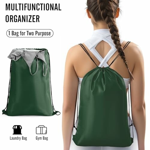 Woman wearing a green multifunctional drawstring bag, labeled for gym and laundry use.