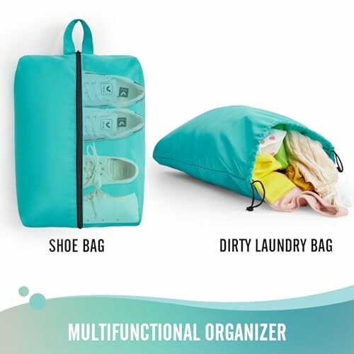 Multifunctional organizer with shoe bag and dirty laundry bag.