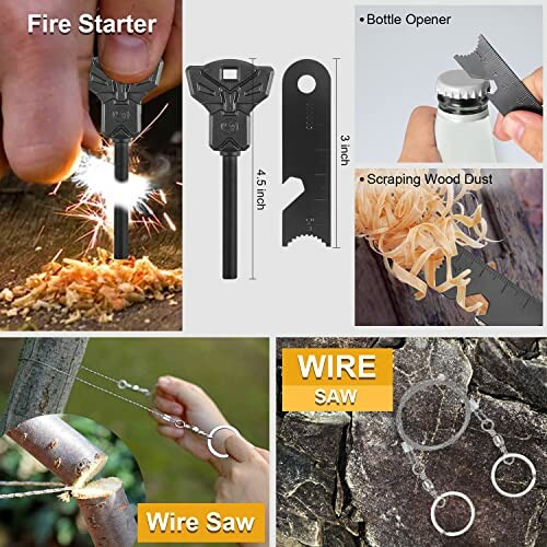 Multifunctional survival tool with fire starter, bottle opener, wood scraper, and wire saw.