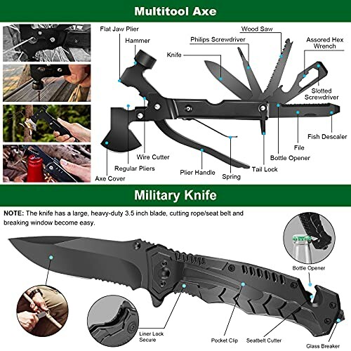 Multitool axe and military knife with features labeled.