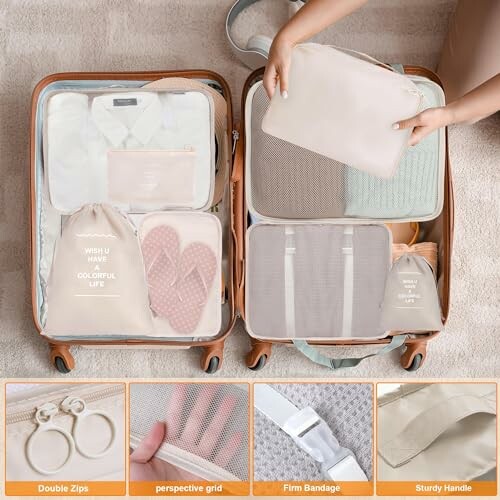 Open suitcase with organized packing cubes and travel essentials.