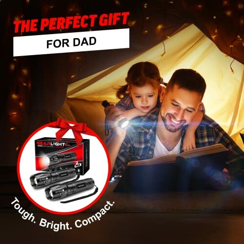 Father and daughter reading with a flashlight, promotional image for GearLight flashlights.