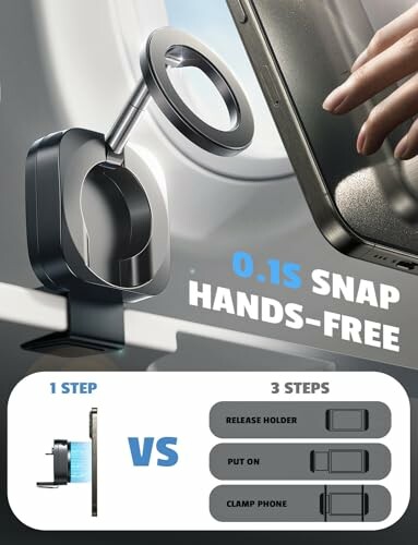 Comparison of a phone mount with quick snap feature versus traditional three-step process.