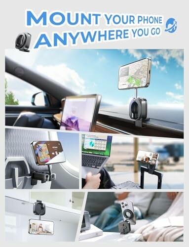 Versatile phone mount used in car, on laptop, and on table.