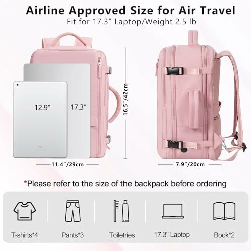 Pink backpack with dimensions, airline approved for 17.3-inch laptop.