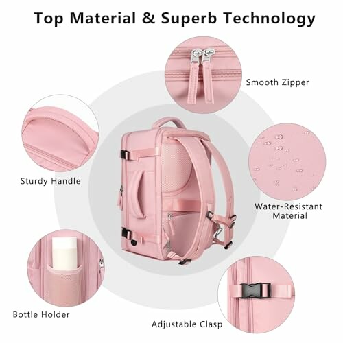 Pink backpack with features including sturdy handle, smooth zipper, water-resistant material, bottle holder, and adjustable clasp.