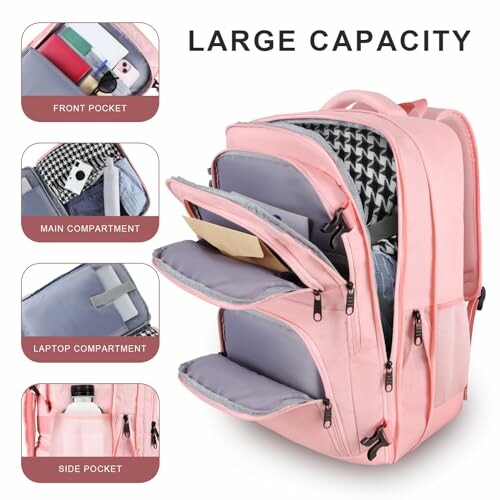 Pink backpack with multiple compartments and large capacity.