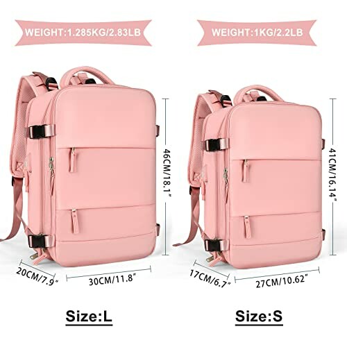 Two pink backpacks with size and weight comparison.