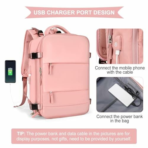 Pink backpack with USB charger port design and cable connection examples.