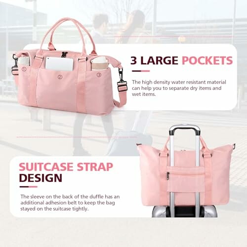 Pink duffle bag with large pockets and suitcase strap design.