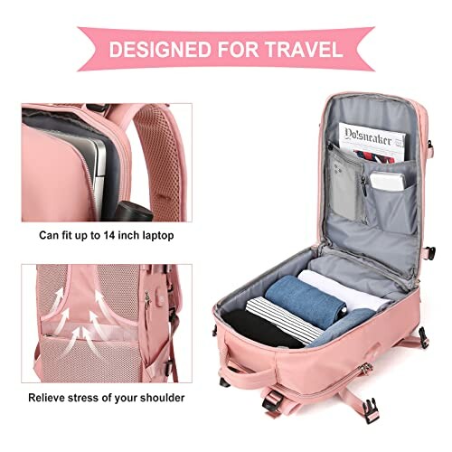 Open pink travel backpack with laptop, clothes, and accessories.