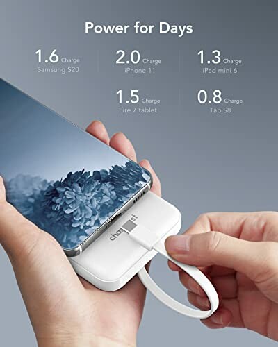 Portable charger powering a smartphone with charging statistics for various devices.