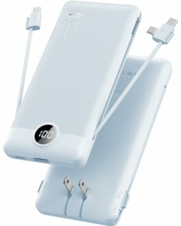 Portable power bank with attached charging cables and digital display.