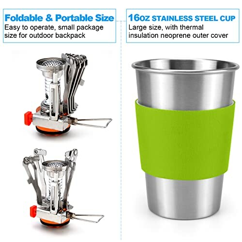 Portable stove and 16oz stainless steel cup with green neoprene cover.