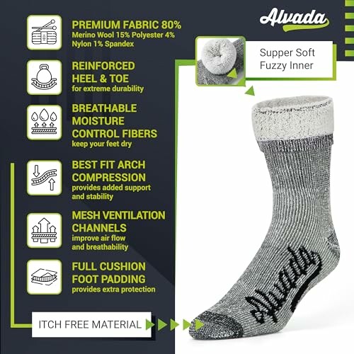 Gray wool sock with reinforced heel, moisture control fibers, and mesh ventilation.