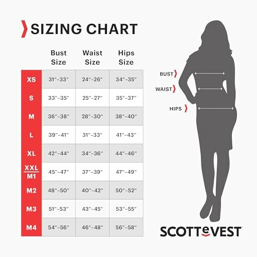 SCOTTeVEST women's sizing chart with measurements for bust, waist, and hips.