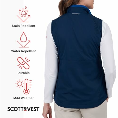 Woman wearing a blue SCOTTeVEST with features listed: stain repellent, water repellent, durable, mild weather.