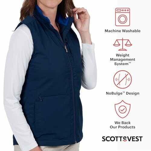 Woman wearing a navy blue vest with Scottevest features highlighted.