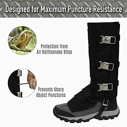 Protective gaiters designed to prevent rattlesnake bites and sharp object punctures.