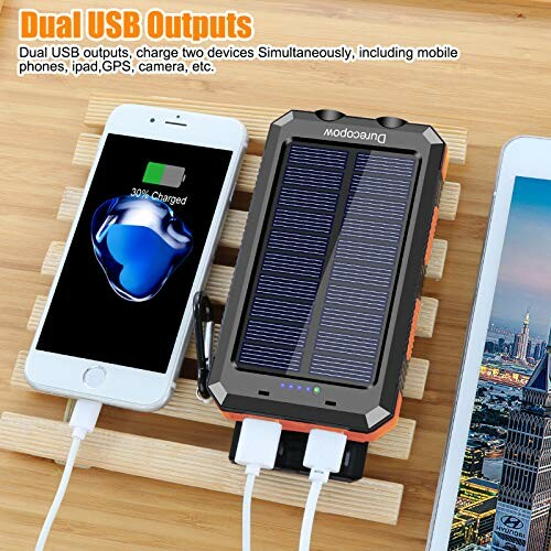 Solar power bank with dual USB outputs charging two devices.