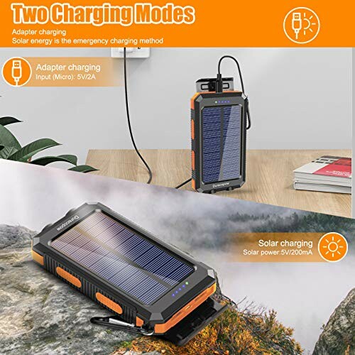 Solar power bank with adapter and solar charging modes.