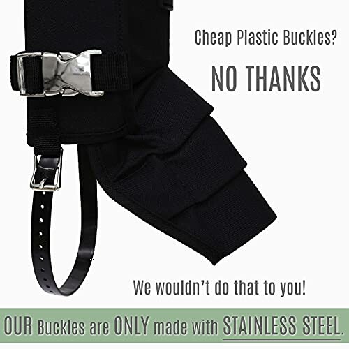 Comparison of stainless steel and plastic buckles, emphasizing quality.