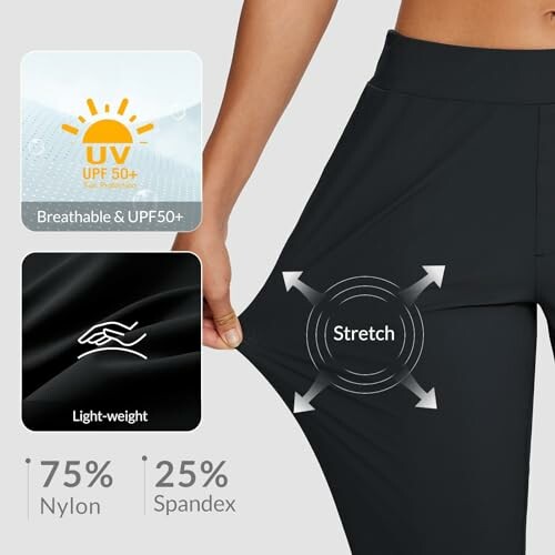 Black leggings showcasing stretch, UV protection, and fabric composition.