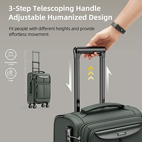 Suitcase with 3-step telescoping handle for adjustable height.