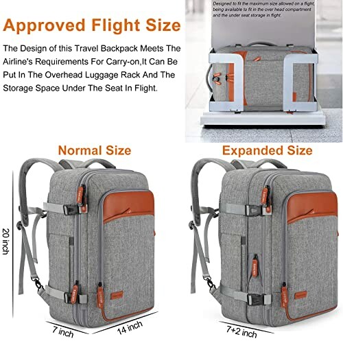 Travel backpack showing normal and expanded sizes with flight size approval.