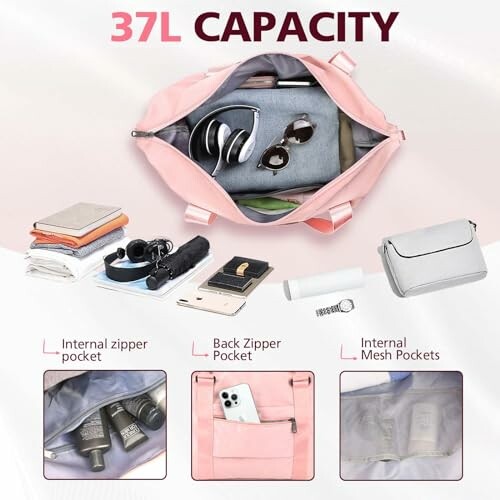 Open pink travel bag showcasing 37L capacity with organized compartments.