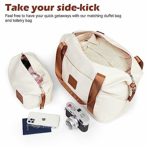 Duffel bag and toiletry bag with phone, camera, and passport.